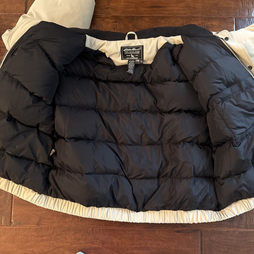 Eddie Bauer Mens Tan Goose Down Puffer Jacket Fleece Collar Vintage Large L - Picture 9 of 12